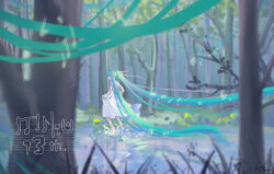Rule 34 | 1girl, absurdly long hair, anniversary, barefoot, beamed eighth notes, blue hair, character name, commentary, day, dress, forest, hatsune miku, highres, long hair, musical note, nature, open mouth, outdoors, running, scenery, skirt hold, smile, solo, splashing, tree, twintails, ufourty, variant set, very long hair, vocaloid, water, wide shot