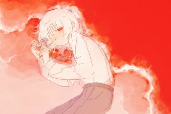 1boy beach commentary cowboy_shot dress_shirt fleabane flower grey_pants hands_up highres holding holding_flower looking_at_viewer lying male_focus necktie on_side one-eyed pants red_water saihate_eki shirt short_necktie solo symbol-only_commentary tatsunami_shion white_flower white_hair white_shirt yuumi_aya