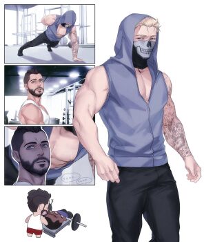 3boys arm_tattoo bara barbell bench_press black_hair black_pants blonde_hair call_of_duty call_of_duty:_modern_warfare_2 dumbbell exercising facial_hair ghost_(modern_warfare_2) grey_hoodie gym highres holding holding_dumbbell hood hood_up hoodie large_pectorals looking_at_another male_focus mask mouth_mask multiple_boys muscular muscular_male nipple_piercing nipples pants pectorals piercing short_hair sleeveless sleeveless_hoodie soap_(modern_warfare_2) tank_top tattoo weightlifting white_tank_top yaoi zhyphenth