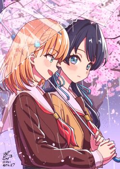 2girls aqua_eyes blue_eyes blue_ribbon blush brown_cardigan brown_dress cardigan cherry_blossoms closed_mouth collared_shirt commentary_request dated dress dress_shirt expressionless falling_petals hair_ornament hair_ribbon highres hinoshita_kaho holding holding_umbrella link!_like!_love_live! long_sleeves love_live! low_twintails multiple_girls murano_sayaka neckerchief open_cardigan open_clothes open_mouth orange_hair petals profile rabbit_hair_ornament rain red_neckerchief ribbon roze_(ro_z7) shared_umbrella shirt signature twintails twitter_username two_side_up umbrella virtual_youtuber white_shirt
