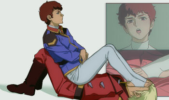2boys amuro_ray annoyed assertive_female blonde_hair blue_jacket brown_hair char's_counterattack char_aznable foot_on_another's_face gundam highres jacket military_uniform multiple_boys pants photo-referenced red_jacket red_pants sitting sitting_on_person white_background white_pants yaoi yy0880yy zoom_layer