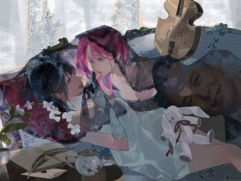 2girls alien_stage alternate_costume black_dress black_hair black_veil breasts commentary dress earrings elon_musk english_commentary envelope flower gloves highres instrument jewelry kakyoriya mizi_(alien_stage) multiple_girls notebook pearl_earrings pink_hair purple_eyes quill see-through_clothes see-through_veil shared_veil smile stuffed_animal stuffed_rabbit stuffed_toy sua_(alien_stage) teapot veil wax_seal white_dress white_flower white_gloves yellow_eyes yuri