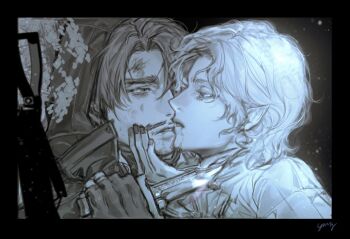 2boys beard blue_eyes challia_bull char_aznable dagger dirty dirty_face facial_hair gloves greyscale gundam gundam_gquuuuuux highres holding holding_dagger holding_knife holding_weapon knife male_focus monochrome multiple_boys mustache open_mouth pointy_ears profile shirt short_hair spot_color su2urann vampire weapon yaoi