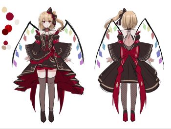 1girl bare_shoulders black_dress black_sleeves blonde_hair breasts cleavage commentary_request concept_art detached_sleeves dress fishnet_thighhighs fishnets flandre_scarlet full_body high_heels highres red_eyes reference_sheet renka_(cloudsaikou) side_ponytail sketch small_breasts smile standing thighhighs touhou wide_sleeves