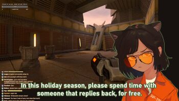 1girl absurdres animal_ears cat_ears chat_log coco_(polilla) commentary english_commentary english_text extra_ears fang highres livestream orange-tinted_eyewear original playing_games polilla polivia prison prison_clothes quake_(series) quake_2 round_eyewear short_hair sunglasses sweat tinted_eyewear video_game