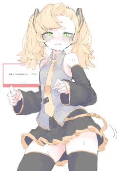 1girl absurdres black_thighhighs blonde_hair blush commentary_request cosplay detached_sleeves embarrassed green_eyes hatsune_miku hatsune_miku_(cosplay) highres miniskirt mocamocaink necktie nervous_sweating piper_wheel request_inset shirt skirt sleeveless sleeveless_shirt sweat thighhighs twintails vocaloid yellow_necktie zenless_zone_zero