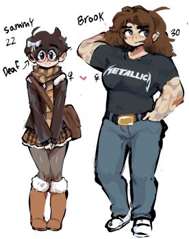 2girls belt belt_buckle blue_eyes blush boots bow brown_bag brown_hair buckle character_name citrusflower25 commentary ear_piercing english_commentary english_text face_piercing glasses hair_bow heart highres jacket long_hair metallica multiple_girls nose_piercing original pants piercing plaid_clothes plaid_skirt scarf shirt short_hair simple_background skirt t-shirt white_background