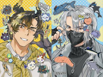 Rule 34 | 2boys, absurdres, arknights, black gloves, chinese commentary, chongyue (arknights), clothes around neck, colored extremities, commentary request, dragon bean (arknights), dragon boy, dragon horns, fingerless gloves, glasses, gloves, grey hair, grey jacket, hair ornament, hairclip, highres, holding, holding removed eyewear, horns, jacket, long hair, looking at viewer, male focus, mask, mouth mask, multiple boys, one eye closed, pointy ears, red eyes, shirt, smile, sticker, sweater, turtleneck, turtleneck sweater, ulpianus (arknights), unworn eyewear, white shirt, zhishiyigeyouxibot