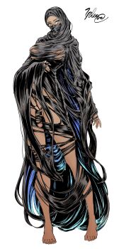 1girl absurdres barefoot black_hijab blue_eyes dark-skinned_female dark_skin flaccid full_body futanari highres hijab looking_at_viewer mask mouth_mask nipples no_bra no_panties original penis simple_background solo standing torn_clothes vulanve white_background