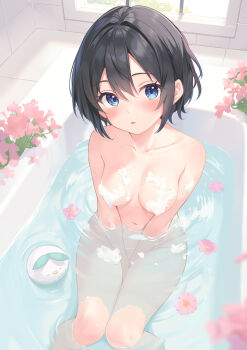 1girl arisugawa_riu bath between_legs black_hair blue_eyes blush breasts censored censored_nipples collarbone convenient_censoring flower flower_on_liquid hand_between_legs highres knees_together_feet_apart looking_at_viewer medium_breasts navel nude open_mouth original petals pink_flower rebun short_hair soap_bubbles soap_censor solo tiles water wet window
