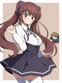 1boy 1girl akazawa_izumi alternate_costume another black_skirt bleeding blood blush brown_background brown_hair center_frills frilled_shirt frills from_behind high-waist_skirt highres long_hair looking_back nel-c shirt short_hair simple_background skirt solo_focus teshigawara_naoya thighhighs thumbs_up twintails virgin_killer_outfit white_thighhighs