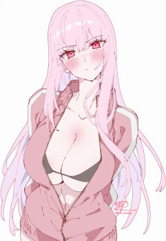 1girl absurdres artist_name bikini black_bikini blush breasts cleavage closed_mouth collarbone highres hololive hololive_english jacket kamiya_maneki large_breasts long_hair long_sleeves looking_at_viewer mori_calliope open_clothes open_jacket partially_unzipped pink_eyes pink_hair pink_jacket signature simple_background solo swimsuit track_jacket twitter_username virtual_youtuber white_background