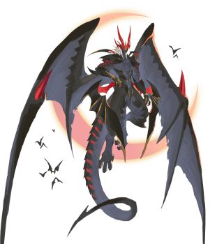 Rule 34 | 1boy, animal feet, bat (animal), black skin, black wings, claws, colored skin, crescent moon, digitigrade, dragon boy, dragon horns, dragon tail, dragon wings, facing viewer, flying, full body, grey skin, grey wings, hand up, highres, horns, leviair, light brown hair, long hair, long tail, male focus, monster boy, moon, multiple horns, multiple wings, no eyes, open mouth, orange moon, original, red horns, sharp teeth, solo, tail, teeth, white background, wings