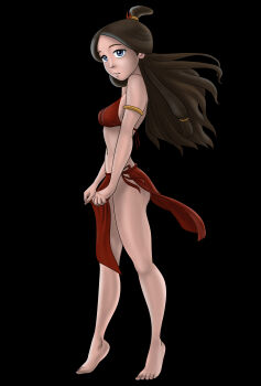 1girl absurdres armlet armpits artist_request ass avatar:_the_last_airbender avatar_legends bare_shoulders barefoot black_background blue_eyes breasts brown_hair clenched_hand clothes_lift collarbone crop_top dark-skinned_female dark_skin eyelashes feet female_focus fingernails floating_hair from_side full_body hair_bun highres jewelry katara legs loincloth loincloth_lift long_hair looking_at_viewer medium_breasts midriff navel neck no_panties official_alternate_costume parted_bangs parted_lips pelvic_curtain petite red_loincloth red_top revealing_clothes shiny_clothes shiny_skin shy side-tie_loincloth sideboob sidelocks simple_background single_hair_bun sleeveless soles solo thighs tiptoes toenails toes tribal turning_head wind wind_lift