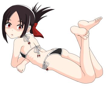 1girl absurdres ass back barefoot bikini black_bikini black_hair breasts crossed_legs dot_nose empty_eyes eyebrows feet_up female_focus full_body hair_ribbon highres kaguya-sama_wa_kokurasetai_~tensai-tachi_no_renai_zunousen~ looking_at_viewer looking_back lying multicolored_bikini on_stomach open_mouth ponytail red_eyes red_ribbon ribbon shaded_face shinomiya_kaguya short_hair short_ponytail simple_background small_breasts solo surprised swimsuit the_pose toes two-tone_bikini white_background white_bikini yiku1707