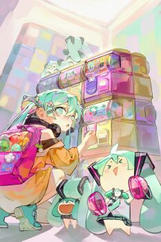 3girls :o absurdres aqua_eyes aqua_hair backpack bag cameo character_bag character_doll chi_chi3939 chibi colorful commentary dated_commentary doll gashapon hatsune_miku headphones headphones_around_neck highres kagamine_len kagamine_rin looking_back miku_day mini_person minigirl multiple_girls multiple_persona off_shoulder open_mouth sakura_miku vocaloid