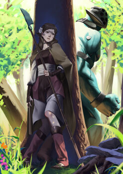 Rule 34 | 1girl, 1other, absurdres, ahoge, brown eyes, brown hair, clenched teeth, collared cloak, colored skin, commentary request, faceless (fire emblem), fire emblem, fire emblem fates, flower, forest, freckles, frown, green skin, hair flower, hair ornament, hiding, highres, holding, holding polearm, holding weapon, monster, mozu (fire emblem), naginata, nature, nintendo, polearm, scared, shoko (pixiv 74769700), teeth, twintails, weapon, wrist guards