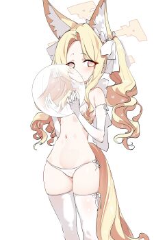 1girl absurdres alternate_costume alternate_hairstyle animal_ear_fluff animal_ears ball bare_shoulders beachball bikini blonde_hair blue_archive blush closed_mouth cowboy_shot cross_halo elbow_gloves extra_ears fox_ears fox_girl fox_tail gloves gluteal_fold gradient_eyes halo hands_up highres holding holding_ball kinbakuman loli long_hair long_sidelocks looking_at_viewer multicolored_eyes navel seia_(bikini)_(blue_archive) seia_(blue_archive) side-tie_bikini_bottom sidelocks simple_background smile solo split_mouth swimsuit tail thigh_gap thighhighs twintails very_long_hair very_long_tail white_background white_bikini white_gloves white_thighhighs yellow_eyes yellow_halo zettai_ryouiki