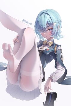 1girl absurdres arrow_hair_ornament arrow_symbol_hair_ornament artist_name blue_eyes blue_hair blue_jacket blunt_bangs blush bow bowtie breasts collared_shirt commentary eyes_visible_through_hair feet hair_between_eyes hair_intakes hair_over_one_eye hand_on_own_leg hibiki-147 highres holding holding_shoes holding_unworn_clothes i.r.i.s._(wuthering_waves) jacket legs legs_up loafers long_sleeves looking_at_viewer medium_breasts miniskirt panties panties_under_pantyhose pantyhose parted_lips pleated_skirt shirt shoes short_hair sidelocks simple_background skirt smile soles solo thighband_pantyhose thighs toe_seam toes underwear unworn_shoes white_background white_panties white_pantyhose white_shirt white_skirt wing_collar wuthering_waves yellow_bow yellow_bowtie