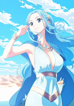 1girl absurdres armpits bangle bare_shoulders blue_cape blue_hair blue_sky bracelet breasts brown_eyes buruu4000 cape cleavage closed_mouth cloud cloudy_sky collarbone commentary_request dress floating_hair gold_hairband hairband highres jewelry long_hair medium_breasts mountainous_horizon necklace nefertari_vivi one_piece outdoors parted_bangs sky sleeveless sleeveless_dress solo upper_body wavy_hair white_dress