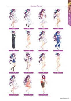 Rule 34 | 1girl, ahoge, aoi sakura (tsuma shibori), artbook, breasts, clothes on and off, commentary request, full body, game cg, green eyes, hair bun, hair down, hair ribbon, highres, kuroda akimi, large breasts, long hair, low ponytail, multiple expressions, multiple views, nipples, non-web source, nude, official art, page number, ponytail, purple hair, reference sheet, ribbon, tsuma shibori, tsumamigui (series), variations