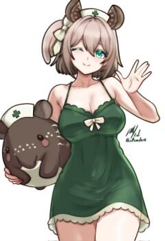 1girl ;) animal_ears bare_arms bare_shoulders breasts brown_hair cleavage cowboy_shot dress frilled_nightgown green_dress green_eyes green_nightgown hair_between_eyes hat highres holding holding_stuffed_toy indie_virtual_youtuber large_breasts looking_at_viewer medium_hair nightgown nimi_nightmare nurse_cap one_eye_closed one_side_up rotomdocs simple_background smile solo stuffed_animal stuffed_toy tapir tapir_ears tapir_girl virtual_youtuber waving white_background