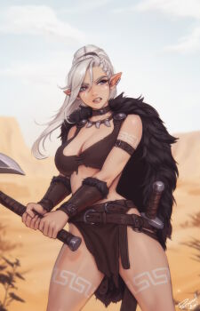 1girl axe belt breasts brown_belt cape cleavage ear_piercing elf fur_cape grey_hair highres holding holding_axe jewelry large_breasts long_hair mole mole_under_eye necklace original parted_lips pelvic_curtain personal_ami piercing pointy_ears ponytail purple_eyes solo thick_eyelashes tooth_necklace weapon