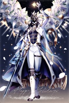 1boy arm_up armor black_hair black_shirt boots border capitano_(genshin_impact) coat collared_shirt commentary_request english_text falling_petals flower full_body genshin_impact gloves gold_trim happy_holidays helmet highres holding holding_sword holding_weapon long_hair long_sleeves male_focus pants petals ribbon shirt solo standing sword thigh_strap uouzzz weapon white_boots white_coat white_flower white_pants