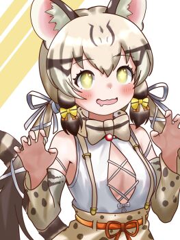 +_+ 1girl animal_ears belt bow bowtie cat_ears cat_girl cat_tail extra_ears geoffroy&#039;s_cat_(kemono_friends) grey_hair highres kemono_friends kemono_friends_v_project long_hair looking_at_viewer matabi_umi microphone ribbon shirt simple_background skirt solo suspenders tail twintails upper_body virtual_youtuber yellow_background yellow_eyes