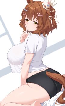 1girl absurdres animal_ears ass aston_machan_(umamusume) black_panties breasts brown_hair commentary_request crown ear_covers green_eyes hair_ornament hairclip highres horse_ears horse_girl horse_tail index_finger_raised large_breasts looking_at_viewer panties shirt short_hair sideboob single_ear_cover solo tail thighs tsubame_tien umamusume underwear white_shirt
