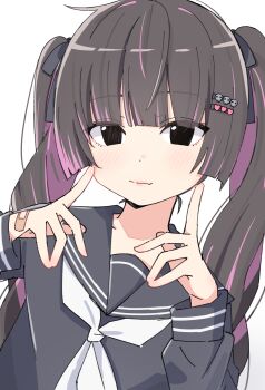 1girl absurdres auhuheben17 black_serafuku bow cheek_poking hair_ornament highres jirai_kei looking_at_viewer original poking school_uniform serafuku solo twintails upper_body