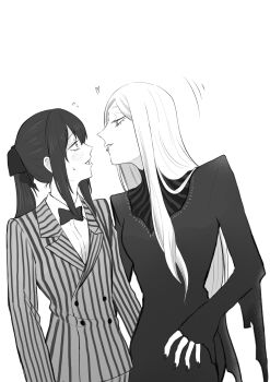 2girls aged_up black_dress black_hair breasts commentary_request cosplay couple dress formal_clothes gomez_addams gomez_addams_(cosplay) highres ichijou_michiru jacket long_hair long_sleeves me-gu2 mieruko-chan morticia_addams morticia_addams_(cosplay) multiple_girls open_mouth shirt simple_background standing striped_clothes suit translation_request white_hair wife_and_wife yuri