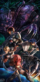 Rule 34 | 1girl, 3boys, absurdres, android, aqua eyes, armor, black boots, black gloves, black leotard, blonde hair, blue eyes, blue hair, boots, brown hair, cape, closed mouth, commentary request, dark falz, dated, fal (phantasy star), fingerless gloves, forren, gloves, green shirt, gun, headband, highres, holding, holding gun, holding sword, holding weapon, leotard, long hair, long pointy ears, long sleeves, low-tied long hair, mechanical arms, monster, multiple boys, open mouth, parted bangs, phantasy star, phantasy star iv, planet, pointy ears, purple eyes, red hair, red headband, red shirt, rudy ashure, shirt, short hair, short sleeves, shoulder armor, sidelocks, single mechanical arm, space, star (sky), superhero landing, sushi (sashimise), sword, thigh boots, thray walsh, twitter username, weapon, white cape