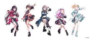 Rule 34 | 5girls, asymmetrical clothes, asymmetrical sleeves, azki (hololive), black pants, black shirt, black skirt, boots, collared shirt, color-coded, commentary request, copyright name, cropped shirt, detached sleeves, full body, highres, himemori luna, hololive, hololive idol uniform (color rise), kazama iroha, lace-up boots, midriff, miniskirt, mismatched sleeves, multicolored shirt, multiple girls, natsuiro matsuri, navel, official alternate costume, official art, pants, platform boots, puffy detached sleeves, puffy short sleeves, puffy sleeves, shirogane noel, shirt, short sleeves, simple background, single detached sleeve, single pantsleg, single sleeve, skirt, ugonba (howatoro), virtual youtuber, white background, white shirt, white skirt