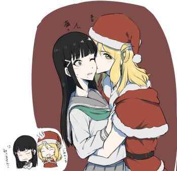2girls black_hair blonde_hair blue_eyes dress green_neckerchief grey_sailor_collar grey_skirt hair_rings hat kiss kissing_cheek kurosawa_dia long_hair love_live! love_live!_sunshine!! mole mole_under_mouth multiple_girls neckerchief ohara_mari pleated_skirt red_dress red_hat sailor_collar santa_costume santa_hat school_uniform shirt single_hair_ring skirt translation_request uranohoshi_school_uniform white_shirt yakult1124 yellow_eyes yuri