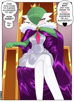 1girl absurdres artist_name bob_cut cape colored_skin crossed_legs crown dress fur-trimmed_cape fur_trim gardevoir gen_3_pokemon green_hair green_skin grey_dress hair_over_one_eye highres mega_stone multicolored_skin nico-neko nintendo pink_eyes pokemon pokemon_(creature) purple_cape sitting_on_throne smile speech_bubble throne two-tone_skin white_skin