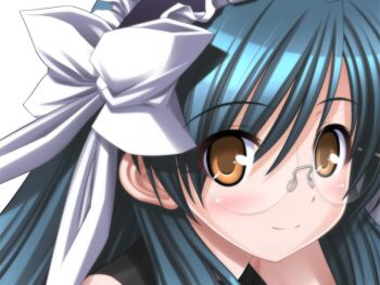 1girl blue_hair blush bow brown_eyes close-up game_cg glasses hair_ribbon hairband higuchi_isami long_hair looking_at_viewer magical_girl mahou_shoujo_sae maid_headdress nishijima_shouko non-web_source official_art portrait ribbon rimless_eyewear semi-rimless_eyewear smile solo variant_set yellow_eyes