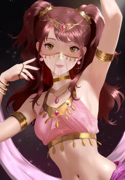 1girl armlet armpits breasts brown_eyes brown_hair choker closed_mouth collarbone commentary dancer english_commentary gold_armlet gold_choker gold_trim hair_ornament highres jewelry kujikawa_rise lips long_hair looking_at_viewer mikan_zakuro nail_polish navel necklace official_alternate_costume persona persona_4 persona_4:_dancing_all_night persona_dancing pink_nails sidelocks small_breasts solo sparkle stomach two_side_up upper_body