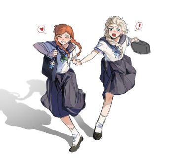! 2girls :o alternate_costume anna_(frozen) bag black_shoes black_skirt blonde_hair blue_eyes blue_neckerchief blush braid briefcase chinese_commentary closed_eyes commentary_request elsa_(frozen) freckles frozen_(disney) full_body green_neckerchief heart highres holding holding_bag holding_briefcase holding_hands multiple_girls neckerchief open_mouth orange_hair sailor_collar school_bag school_briefcase school_uniform serafuku shadow shirt shoes short_sleeves siblings sisters skirt socks spoken_exclamation_mark spoken_heart twin_braids white_background white_shirt white_socks xuanqing227