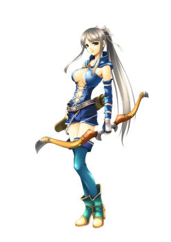 1girl belt blue_eyes boots bow_(weapon) breasts cleavage_cutout closed_mouth clothing_cutout elbow_gloves full_body gloves grey_hair hair_ribbon half-closed_eyes holding holding_bow_(weapon) holding_weapon kikurage_(plastic_people) large_breasts long_hair long_sidelocks lunatia navel navel_cutout official_art ponytail quiver ribbon second-party_source seneka_hunter_(lunatia) shirt shorts sidelocks simple_background sleeveless sleeveless_shirt smile solo standing thighhighs very_long_hair weapon white_background