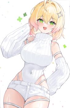 1girl :d absurdres ahoge bare_shoulders blonde_hair commentary covered_navel cowboy_shot detached_sleeves green_eyes gurami_(zangizarang) hair_between_eyes hair_ornament hand_on_own_hip hand_up highleg highleg_panties highres looking_at_viewer medium_hair micro_shorts multicolored_hair open_mouth original panties pink_hair pink_streaks shorts simple_background sleeveless sleeveless_sweater smile solo standing star_(symbol) star_hair_ornament sweater symbol-only_commentary thigh_strap two-tone_hair underwear white_background white_panties white_shorts white_sleeves white_sweater