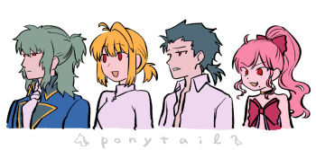 Rule 34 | 2boys, 2girls, :d, arcueid brunestud, ascot, bare shoulders, black hair, blonde hair, bow, breasts, choker, dead apostle noel (tsukihime), english text, fang, formal clothes, grey hair, hair between eyes, hair bow, hair slicked back, jewelry, long hair, metarogu, michael roa valdamjong, mole, mole under mouth, multiple boys, multiple girls, necklace, noel (tsukihime), open clothes, open mouth, open shirt, pink hair, ponytail, red eyes, serious, sharp teeth, shirt, short hair, smile, sweater, teeth, tsukihime, tsukihime (remake), turtleneck, turtleneck sweater, upper body, vampire, vlov arkhangel, white shirt