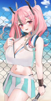Rule 34 | 1girl, absurdres, azur lane, bare shoulders, beach, black panties, blue sky, blush, bra strap, breasts, bremerton (azur lane), bremerton (scorching-hot training) (azur lane), chain-link fence, cleavage, cloud, collarbone, commentary, cowboy shot, crop top, crop top overhang, day, fence, green skirt, grey hair, hair between eyes, hair intakes, hair ornament, heart, heart necklace, highleg, highleg panties, highres, holding, holding racket, jewelry, large breasts, long hair, looking at viewer, midriff, mole, mole on breast, mole under eye, multicolored hair, navel, navel piercing, necklace, ocean, official alternate costume, open mouth, outdoors, panties, piercing, pink eyes, pink hair, racket, sen (central 9029), shirt, shirt tug, sidelocks, skirt, sky, sleeveless, sleeveless shirt, solo, sportswear, standing, streaked hair, sweat, teeth, tennis racket, tennis uniform, twintails, two-tone hair, two-tone shirt, two-tone skirt, underwear, upper teeth only, wet, wet clothes, wet shirt, white shirt, white skirt, wristband, x hair ornament