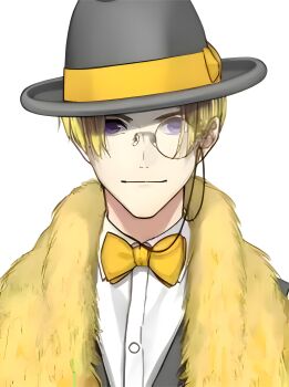 1boy absurdres artist_request glasses highres jacket male_focus onegai_patron-sama purple_eyes shirt source_request tsugiki_inari upper_body white_shirt yellow_jacket yelow_hair