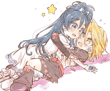 2girls bike_shorts_under_skirt black_capelet black_leg_warmers black_shorts black_skirt blonde_hair blue_eyes blue_hair blush brooch capelet crop_top cure_black cure_white dress earrings frilled_capelet frilled_skirt frills futari_wa_precure hair_between_eyes heart heart_brooch heart_earrings jewelry leg_warmers long_hair lying miniskirt misumi_nagisa multiple_girls on_back open_mouth precure sasano-01 short_dress short_hair shorts sketch skirt sweatdrop very_long_hair white_dress yellow_eyes yukishiro_honoka