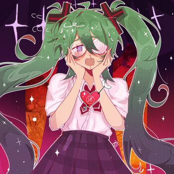 Rule 34 | 1girl, 3boys, @ @, arrow through heart, black skirt, blood, coke-bottle glasses, commentary, confessions of a rotten girl (vocaloid), cross hair ornament, english commentary, glasses, green hair, hair ornament, hands on own face, hatsune miku, heart, highres, long hair, multicolored hair, multiple boys, nosebleed, opaque glasses, open mouth, partially opaque glasses, round eyewear, school uniform, shirt, short sleeves, skirt, starfishkoi, twintails, two-tone hair, very long hair, vocaloid, white shirt