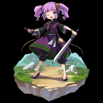 1girl black_background black_pants blunt_bangs blush dress drill_hair dual_wielding flats full_body highres holding holding_sword holding_weapon lanfa_(merc_storia) merc_storia merc_storia_art_team official_art one_eye_closed open_mouth pants pants_under_dress purple_dress purple_hair purple_shoes rock sash shoes sidelocks simple_background smile solo standing sword tachi-e teeth three-quarter_sleeves twin_drills upper_teeth_only v-shaped_eyebrows weapon