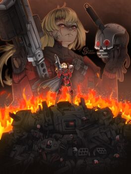 1girl absurdres armor artist_name assault_rifle automaton_(helldivers) black_gloves blonde_hair blood cape commentary dirty dirty_face english_commentary explosive fire gloves grenade gun helldiver_(helldivers) helldivers_(series) highres holding holding_detached_head holding_gun holding_weapon humanoid_robot jar-5_dominator knife knife_in_head looking_at_viewer notched_ear object_through_head red_armor red_eyes rifle robot scar scar_on_face science_fiction shoulder_armor solo spiritdraws weapon