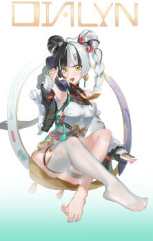 1girl absurdres barefoot black_hair blush braid dialyn_(zenless_zone_zero) double_bun feet hair_bun highres li_yu_liyu long_hair looking_at_viewer multicolored_hair open_mouth see-through_clothes see-through_legwear single_thighhigh thighhighs toes twin_braids two-tone_hair white_hair white_thighhighs yellow_eyes zenless_zone_zero
