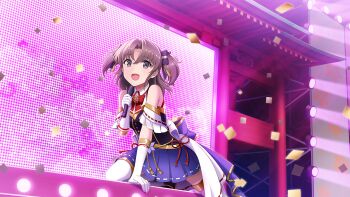 1girl :d bare_shoulders bow bowtie brown_hair collared_dress confetti dress elbow_gloves game_cg gloves holding holding_microphone idol_clothes inami_suu looking_at_viewer microphone music official_art open_mouth parted_bangs purple_eyes purple_shirt purple_skirt red_bow red_bowtie screen shirt short_hair singing skirt sleeveless sleeveless_dress smile solo stage thighhighs toji_no_miko toji_no_miko:_kizamishi_issen_no_tomoshibi white_gloves white_thighhighs